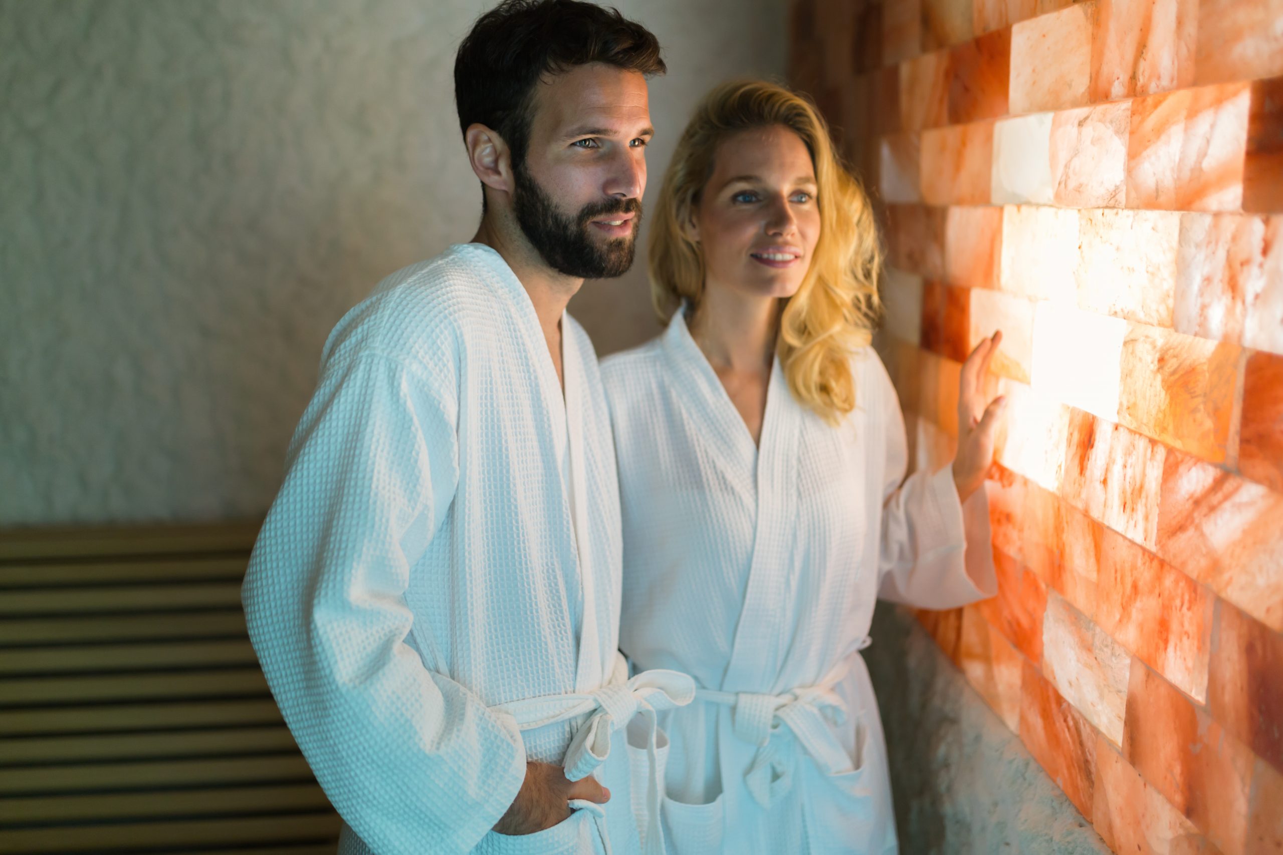 Couple enjoying salt room therapy at spa resort