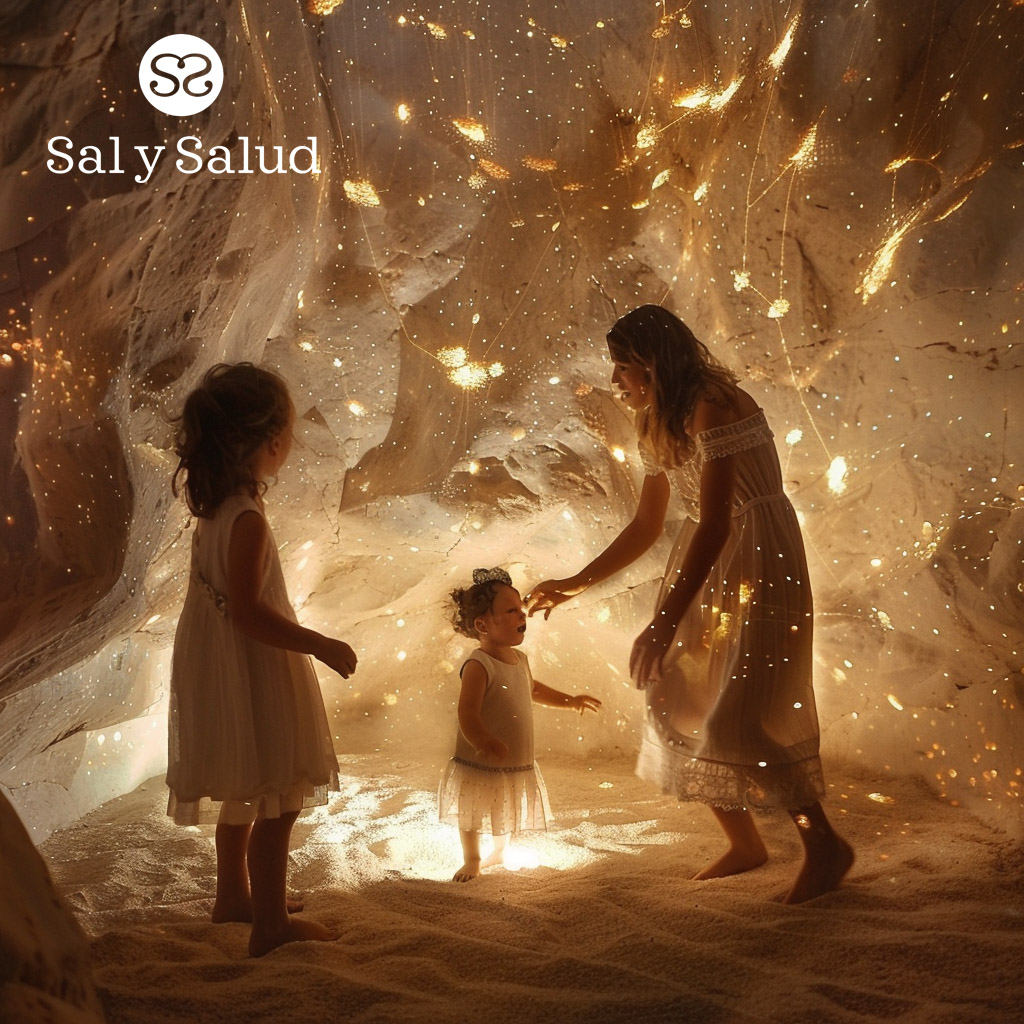 Madre con dos niñas en cueva de sal