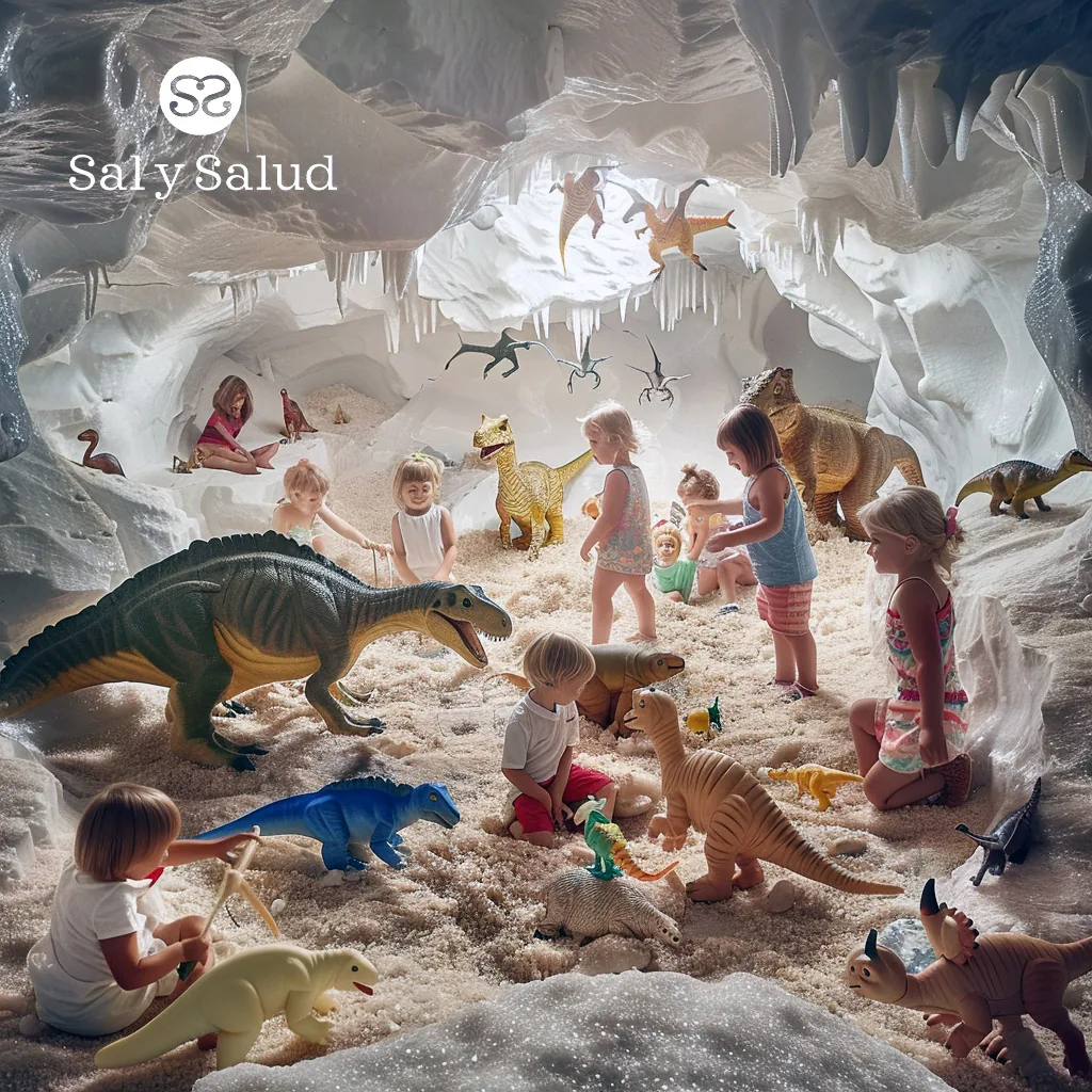 Cueva de sal infantil con decoración de dinosaurios